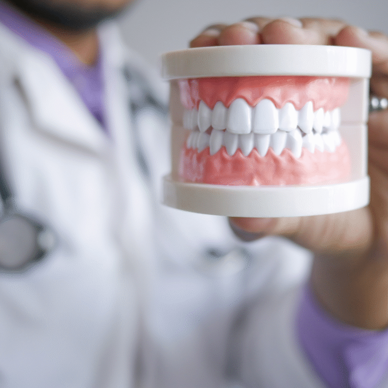 Doctor keeping denture in left hand and showing towards front